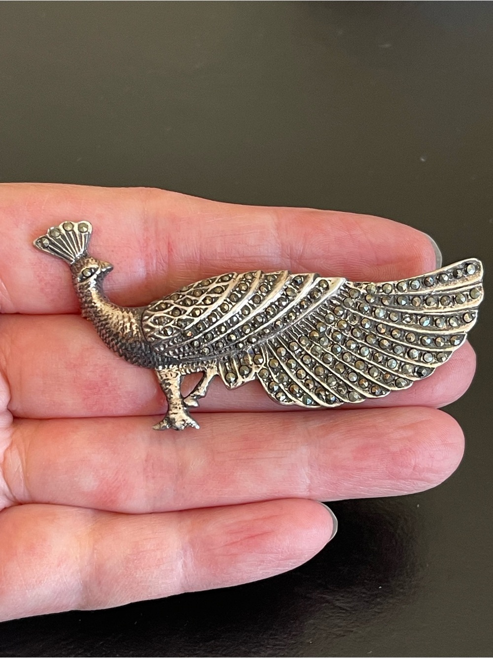 Vintage Sterling silver Marcasite peacock brooch.